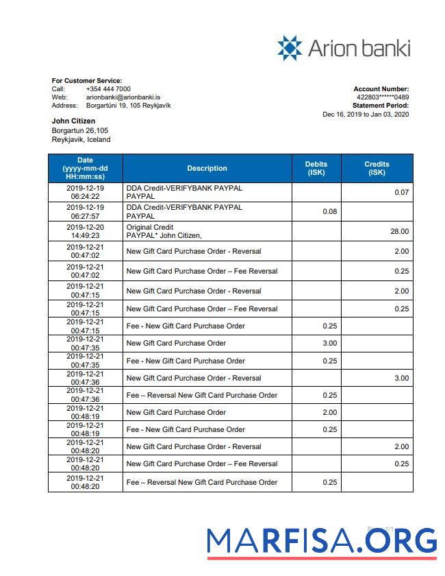 Downloadable Iceland Arion bank statement word template